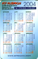 Kalendarz kieszonkowy Jednostki OSP Olszowice na 2004 rok. rewers